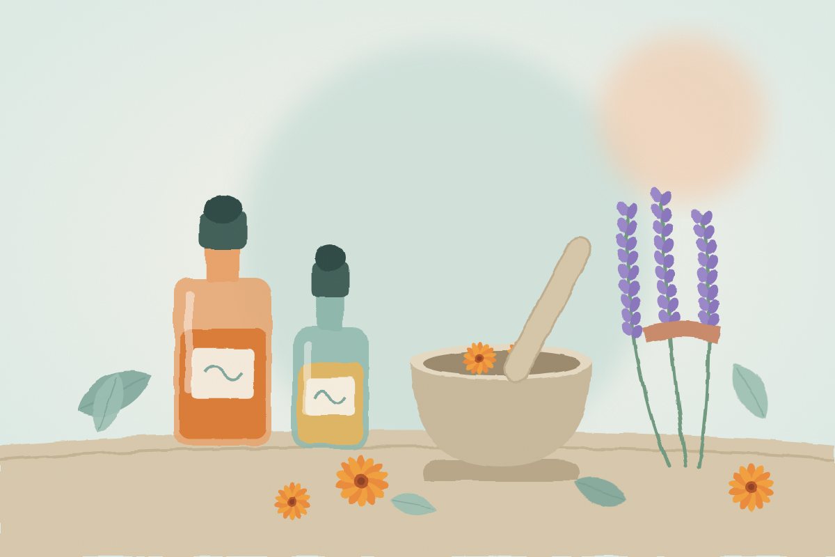 Illustration : flacons d’huile, mortier, fleurs de calendula et brins de lavande séchés