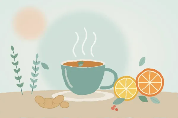Illustration : tasse de tisane fumante, citron, orange, gingembre et plantes médicinales