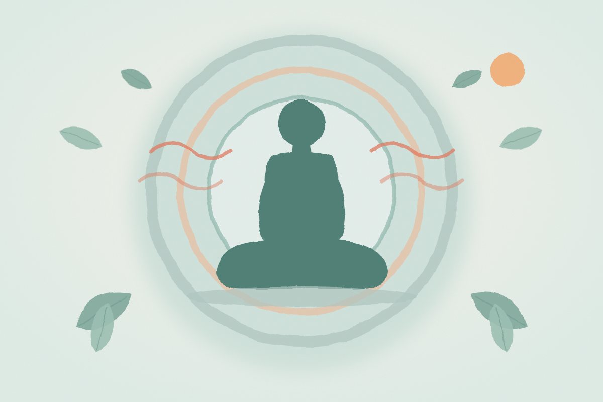 Illustration : silhouette assise en méditation au centre de cercles apaisants, entourée de feuilles